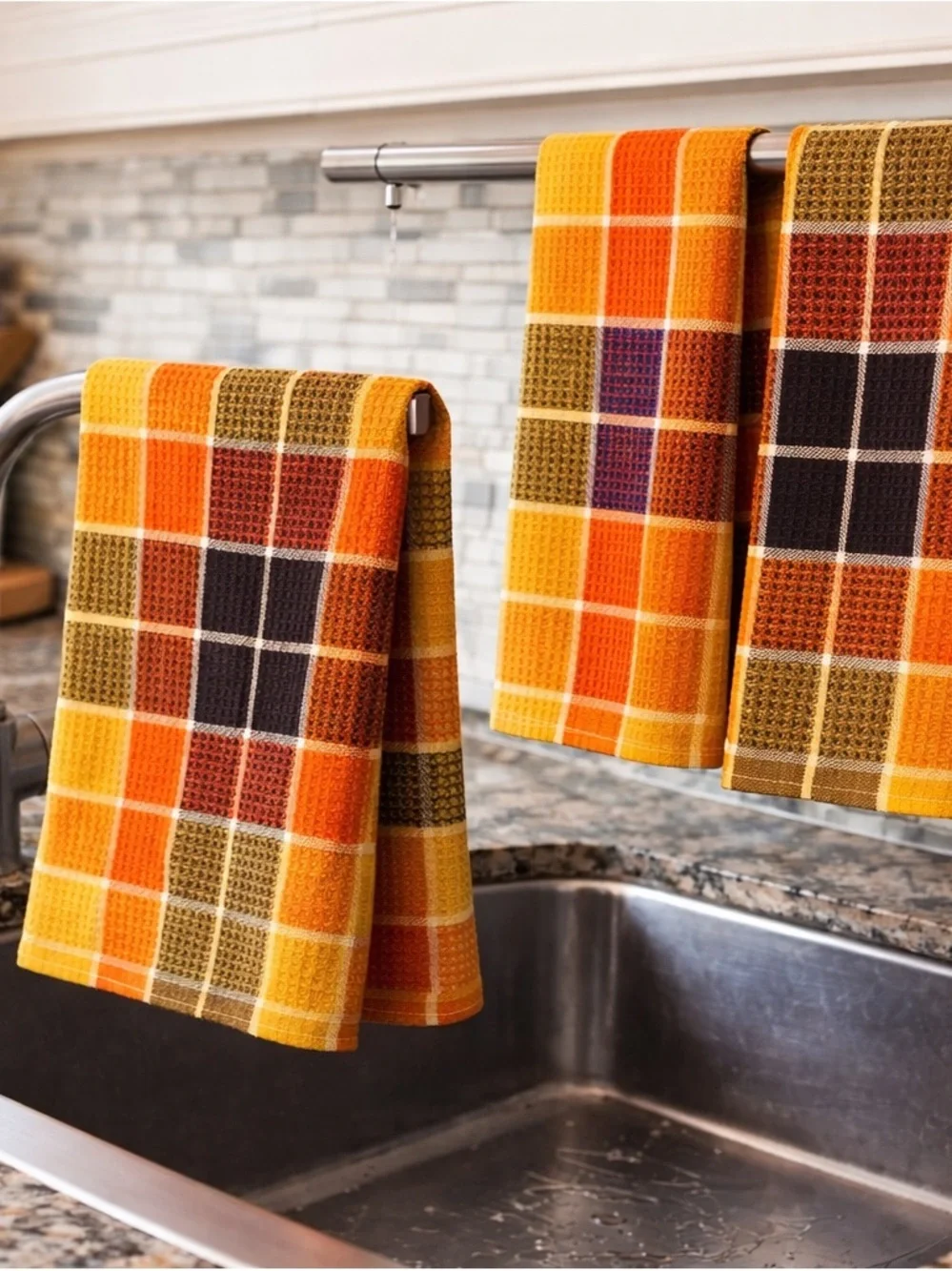 Stacked Waffle Weave Kitchen Towels in Orange, Olive & Brown 5 pieces